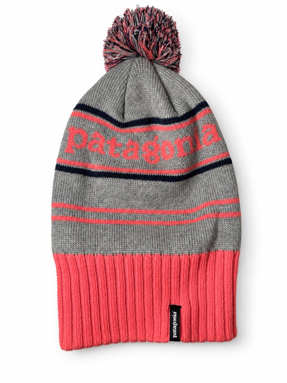 Patagonia Pom Pom Beanie Gray Coral Navy Logo Knit Winter Fall Hat One Size